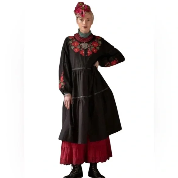 Gudrun Sjoden Aland Organic Cotton Woven Dress Black Red Floral Lagenlook Boho L - Picture 2 of 6